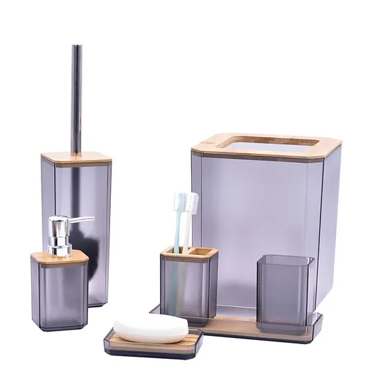 Bamboo Wood Supplies Wash Set Plastic Toilet Brush Garbage Bin Bathroom Set 
