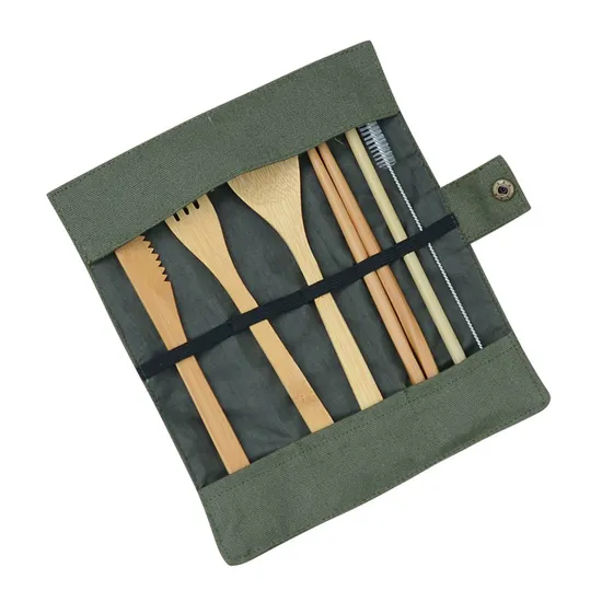 Zero Waste Reusable Bamboo Utensil Kit, Natural Wooden Cutlery Set with Travel Pouch 