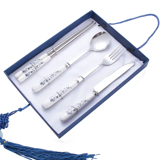 Stainless Steel Spoon Chopsticks Knife and Fork Cutlery with Porcelain Handle 